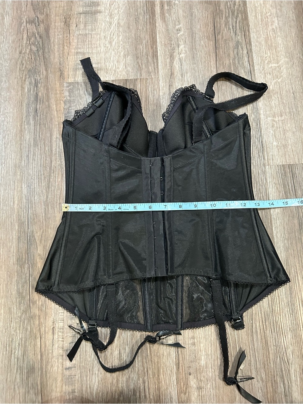 Vintage-Inspired Black Satin Lace Corset Top with Garter Straps Elomi Sz 34F - Picture 14 of 15